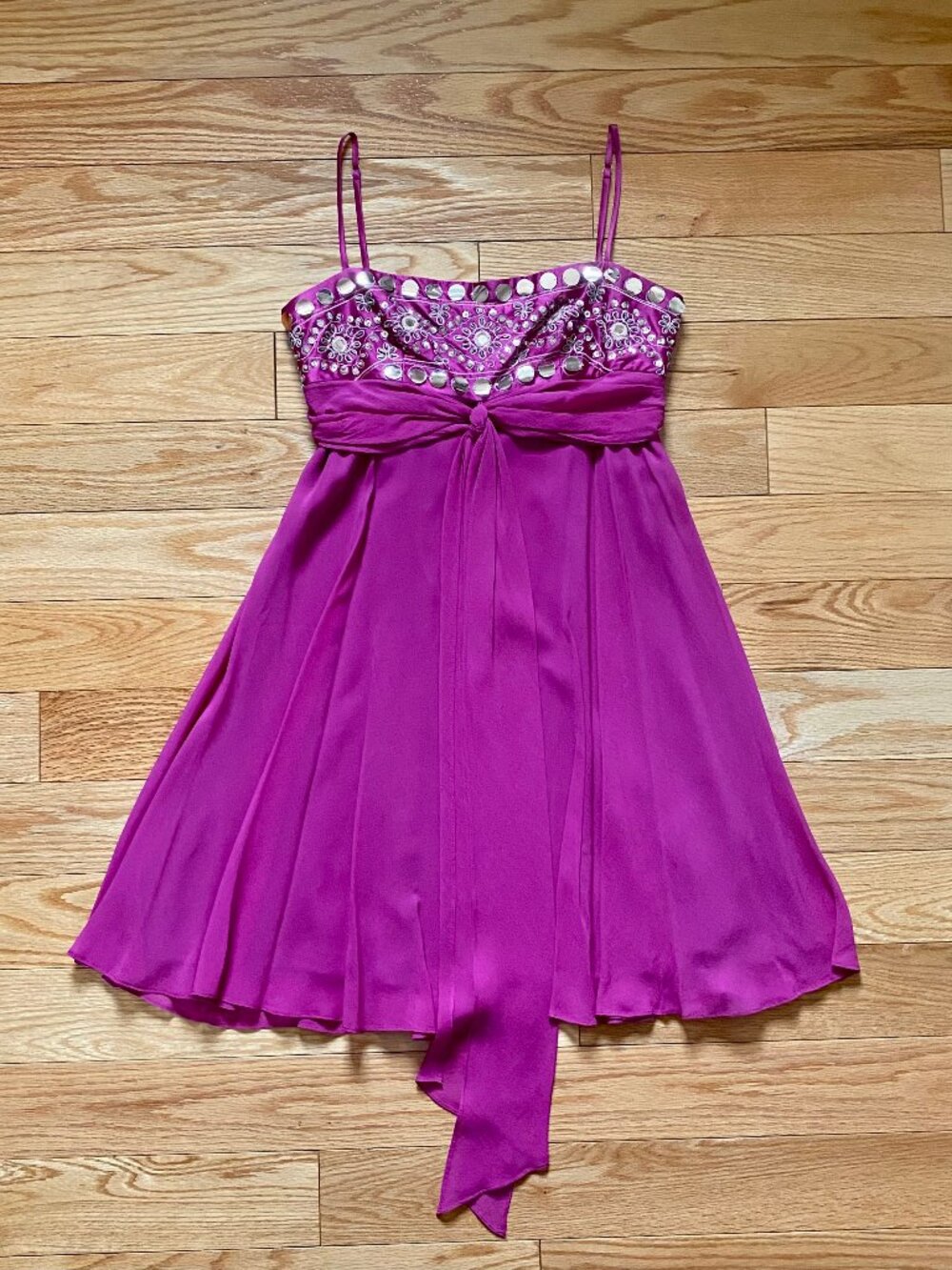BCBG 2000s Vintage Mini Dress Pink Magenta Embelished Gold 100% Silk Prom Party